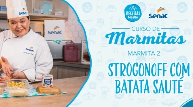 Montagem com a imagem de uma chefe com uniforme branco à esquerda e à direita o título da aula.
