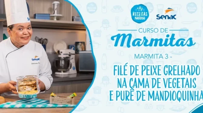 Montagem com a imagem de uma chefe com uniforme branco à esquerda e à direita o título da aula.