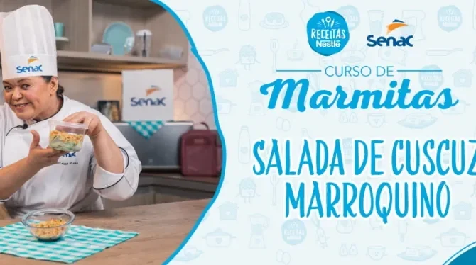 Montagem com a imagem de uma chefe com uniforme branco à esquerda e à direita o título da aula.