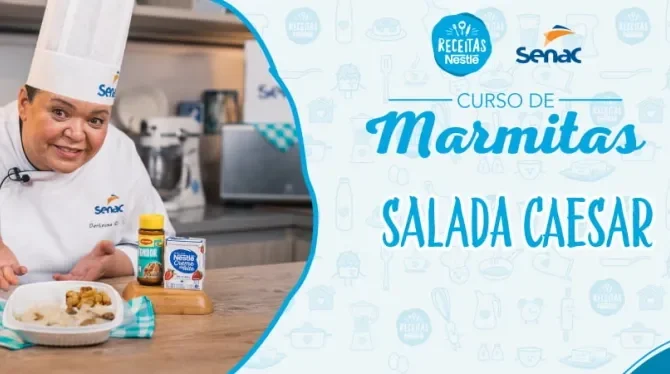 Montagem com a imagem de uma chefe com uniforme branco à esquerda e à direita o título da aula.