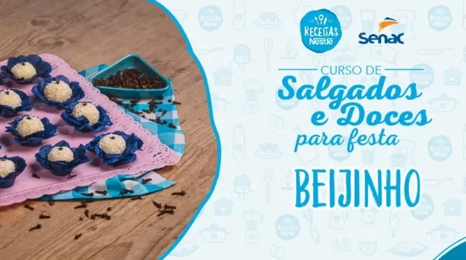 Montagem com a imagem da receita de beijinho à esquerda e à direita o título da aula.