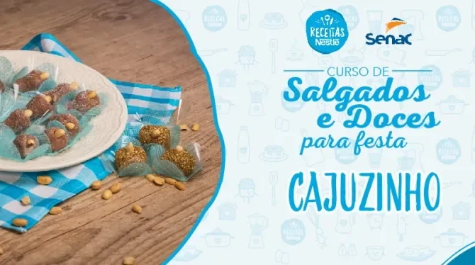 Montagem com a imagem da receita de cajuzinho à esquerda e à direita o título da aula.