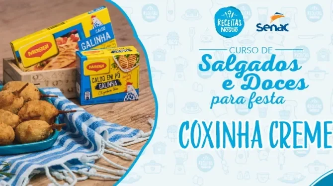 Montagem com a imagem da receita de coxinha creme à esquerda e à direita o título da aula.