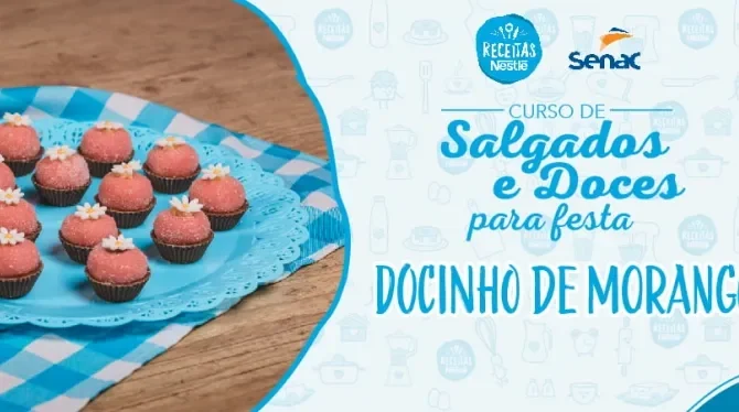 Montagem com a imagem da receita de docinho rosa à esquerda e à direita o título da aula.