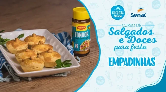 Montagem com a imagem da receita de empadinhas à esquerda e à direita o título da aula.