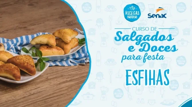 Montagem com a imagem da receita de esfirras à esquerda e à direita o título da aula.