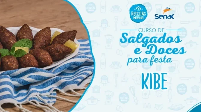 Montagem com a imagem da receita de quibe à esquerda e à direita o título da aula.