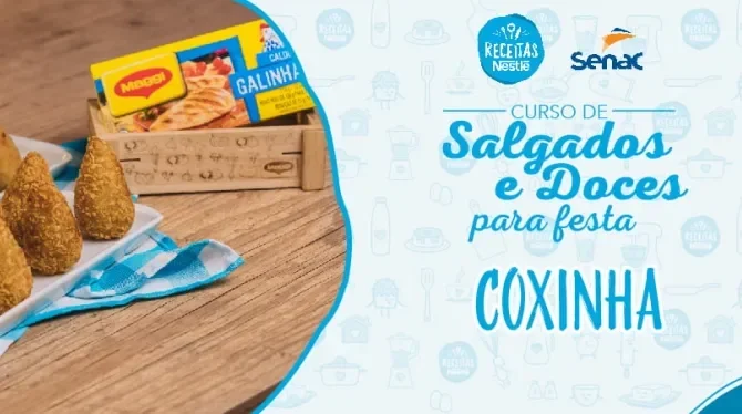 Montagem com a imagem da receita de coxinha à esquerda e à direita o título da aula.