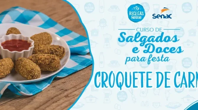 Montagem com a imagem da receita de croquetes à esquerda e à direita o título da aula.