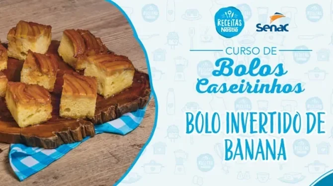 Montagem com a imagem da receita de bolo de banana à esquerda e à direita o título da aula.