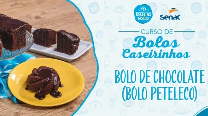 Montagem com a imagem da receita de bolo de chocolate à esquerda e à direita o título da aula.