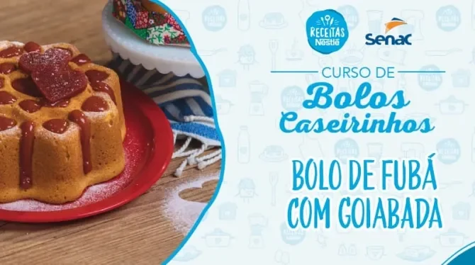 Montagem com a imagem da receita de bolo de fubá à esquerda e à direita o título da aula.