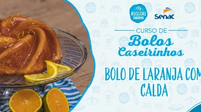 Montagem com a imagem da receita de bolo de laranja à esquerda e à direita o título da aula.