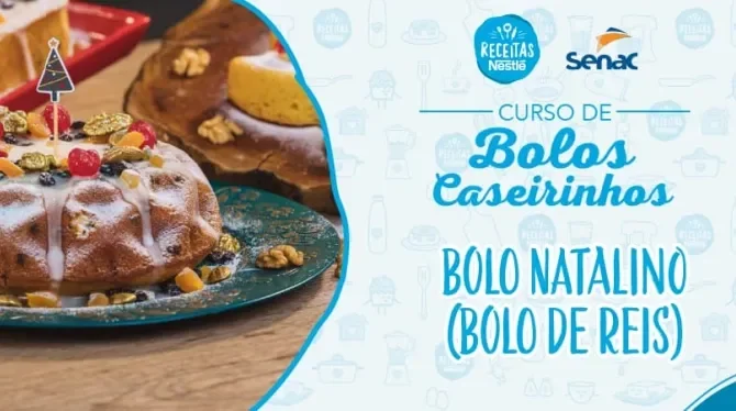 Montagem com a imagem da receita de bolo natalino à esquerda e à direita o título da aula.