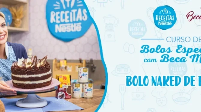 Montagem com a imagem da chef com o bolo à esquerda e à direita o título da aula.