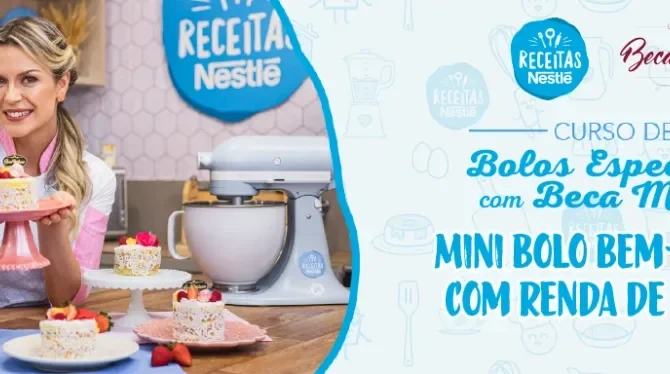 Montagem com a imagem da chef com o bolo à esquerda e à direita o título da aula.