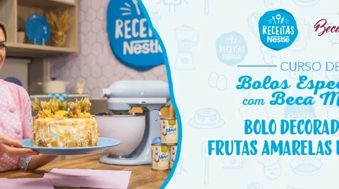 Montagem com a imagem da chef com o bolo à esquerda e à direita o título da aula.