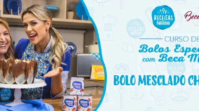 Montagem com a imagem da chef com o bolo à esquerda e à direita o título da aula.