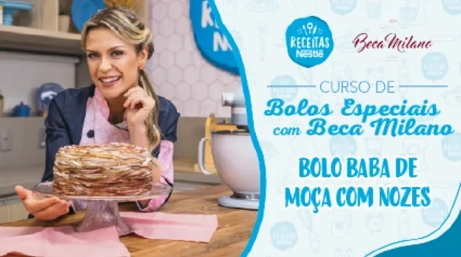 Bolo Baba de Moça com Nozes Montagem com a imagem da chef com o bolo à esquerda e à direita o título da aula