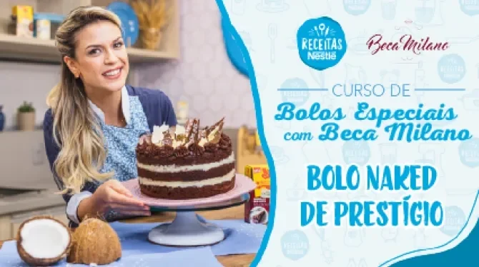 Montagem com a imagem da chef com o bolo à esquerda e à direita o título da aula.