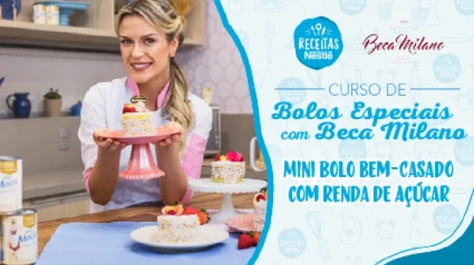 Montagem com a imagem da chef com o bolo à esquerda e à direita o título da aula.