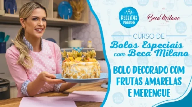 Montagem com a imagem da chef com o bolo à esquerda e à direita o título da aula.