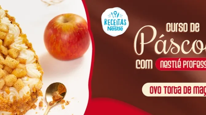 Montagem com a imagem da receita de páscoa à esquerda, atrás de uma bancada com receitas, com o nome do curso à direita e os 