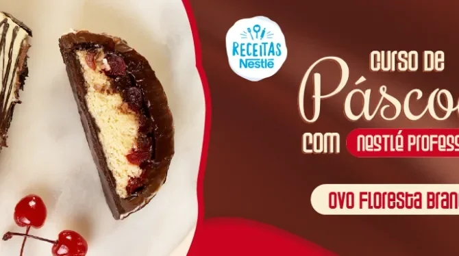 Montagem com a imagem da receita de páscoa à esquerda, atrás de uma bancada com receitas, com o nome do curso à direita e os 