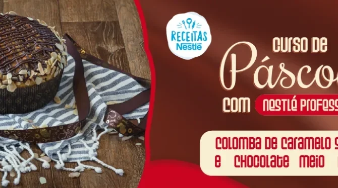  Montagem com a imagem da receita de páscoa à esquerda, atrás de uma bancada com receitas, com o nome do curso à direita e os
