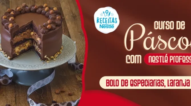  Montagem com a imagem da receita de páscoa à esquerda, atrás de uma bancada com receitas, com o nome do curso à direita e os