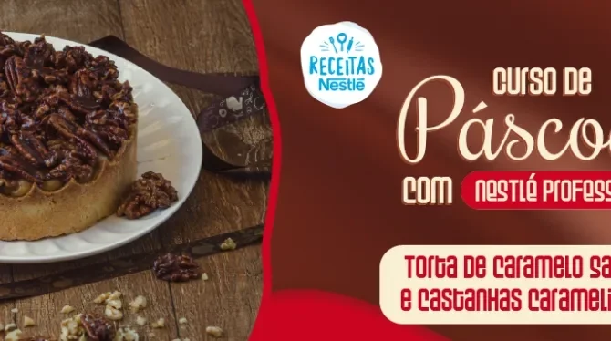  Montagem com a imagem da receita de páscoa à esquerda, atrás de uma bancada com receitas, com o nome do curso à direita e os