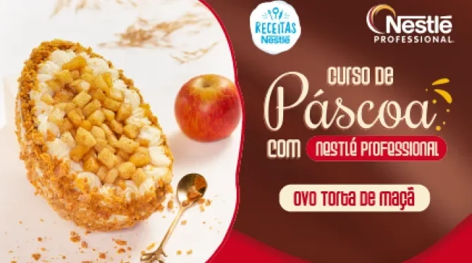 Montagem com a imagem da receita de páscoa à esquerda, atrás de uma bancada com receitas, com o nome do curso à direita e os 