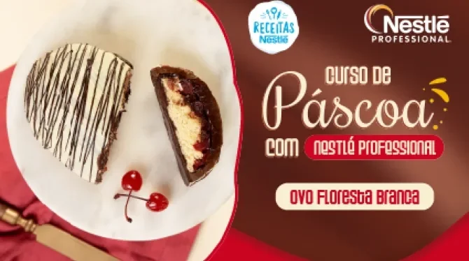 Montagem com a imagem da receita de páscoa à esquerda, atrás de uma bancada com receitas, com o nome do curso à direita e os 