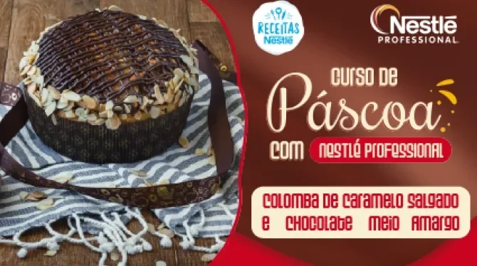  Montagem com a imagem da receita de páscoa à esquerda, atrás de uma bancada com receitas, com o nome do curso à direita e os