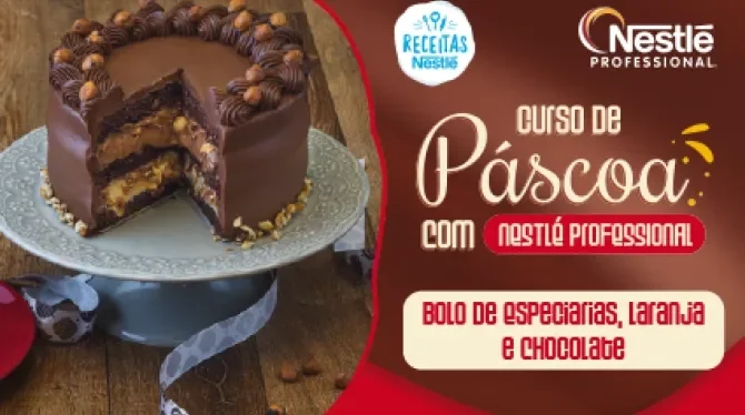  Montagem com a imagem da receita de páscoa à esquerda, atrás de uma bancada com receitas, com o nome do curso à direita e os