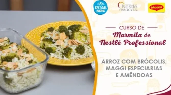 Montagem com a imagem de um rapaz loiro à esquerda, atrás de uma bancada com receitas, com o nome do curso à direita e os log