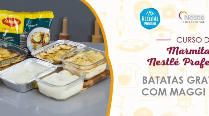 Montagem com a imagem de um rapaz loiro à esquerda, atrás de uma bancada com receitas, com o nome do curso à direita e os log