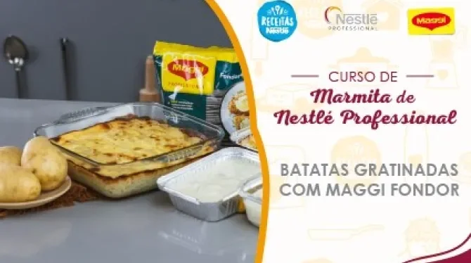Montagem com a imagem de um rapaz loiro à esquerda, atrás de uma bancada com receitas, com o nome do curso à direita e os log