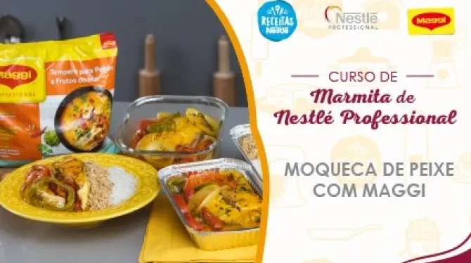 Montagem com a imagem de um rapaz loiro à esquerda, atrás de uma bancada com receitas, com o nome do curso à direita e os log