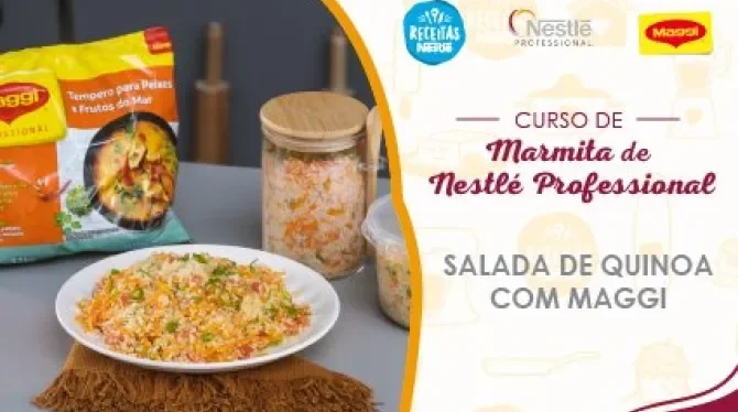 Montagem com a imagem de um rapaz loiro à esquerda, atrás de uma bancada com receitas, com o nome do curso à direita e os log
