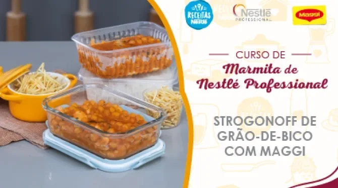 Montagem com a imagem de um rapaz loiro à esquerda, atrás de uma bancada com receitas, com o nome do curso à direita e os lo