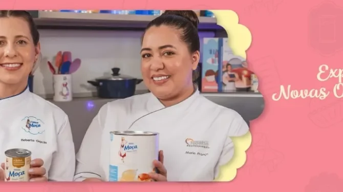 Foto central com a imagem da apresentadora do curso segurando uma lata de Leite Moça e logo abaixo o título da aula