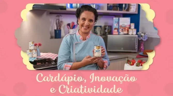 Foto central com a imagem da apresentadora do curso segurando uma lata de Leite Moça e logo abaixo o título da aula