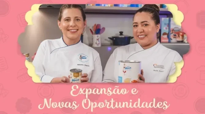 Expansão de Negócios com Roberta e Maria Foto central com a imagem da apresentadora do curso segurando uma lata de Leite Moça e logo abaixo o título da aula