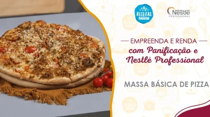 Massa Básica de Pizza Imagem com a foto da receita à esquerda e o título do curso à direita com os logos no topo