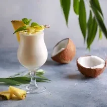 Foto da receita de Piña Colada sem Álcool. Observa-se uma taça grande com a bebida dentro cremosa, uma fatia de abacaxi decorando a borda. Na foto, observa-se um coco seco pela metade.