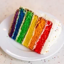 Fotografia de um pedaço de bolo com camadas nas cores vermelho, laranja, amarelo, verde, azul e roxo em cima de um prato branco.