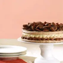 Fotografia em tons de rosa em uma mesa de madeira branca com um pano de prato vermelho, uma parede de fundo rosa, um suporte para bolo branco com a torta de macaron de chocolate e creme de avelã.