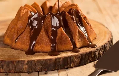 Foto aproximada de um bolo de cenoura sendo decorado com uma calda de chocolate, sobre uma tábua de madeira com uma espátula de corte ao lado