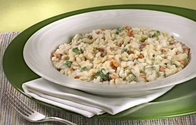 Fotografia em tons de verde em uma mesa de madeira com um jogo americano trançado colorido com um sousplat verde e um prato branco fundo com o risoto de legumes dentro dele.